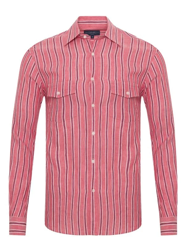 Germirli Soft Collar Double Flap Pocket Tailor Fit Grey Red Navy Striped Cotton Linen Shirt - 1