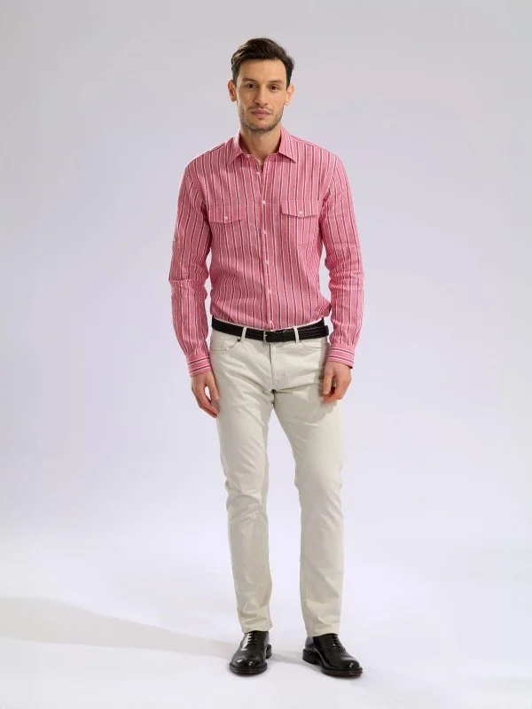 Germirli Soft Collar Double Flap Pocket Tailor Fit Grey Red Navy Striped Cotton Linen Shirt - 5