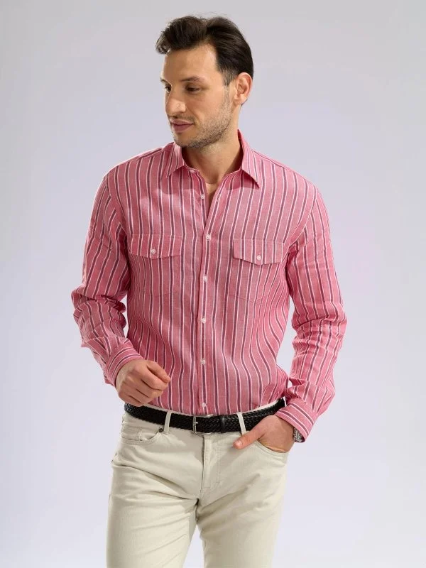 Germirli Soft Collar Double Flap Pocket Tailor Fit Grey Red Navy Striped Cotton Linen Shirt - 7
