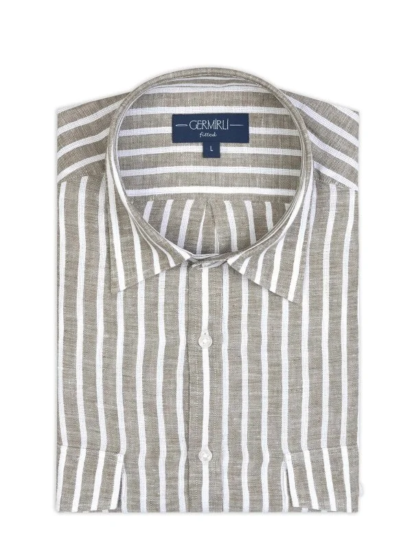 Germirli Soft Collar Double Flap Pocket Tailor Fit Khaki White Striped Pure Linen Shirt - 2