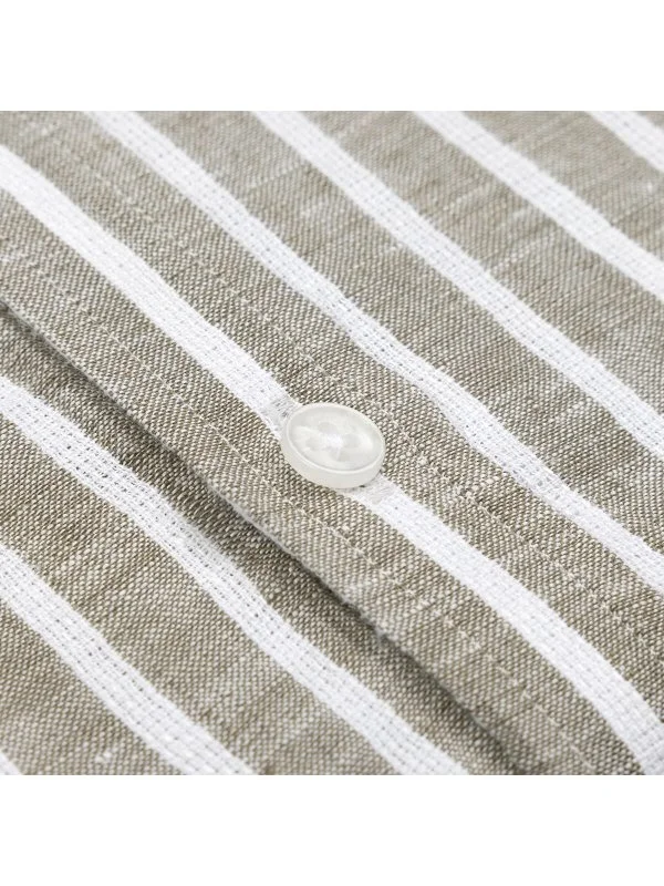 Germirli Soft Collar Double Flap Pocket Tailor Fit Khaki White Striped Pure Linen Shirt - 3