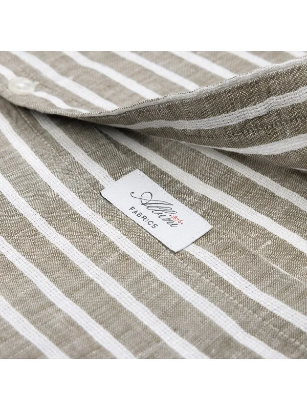 Germirli Soft Collar Double Flap Pocket Tailor Fit Khaki White Striped Pure Linen Shirt - 4