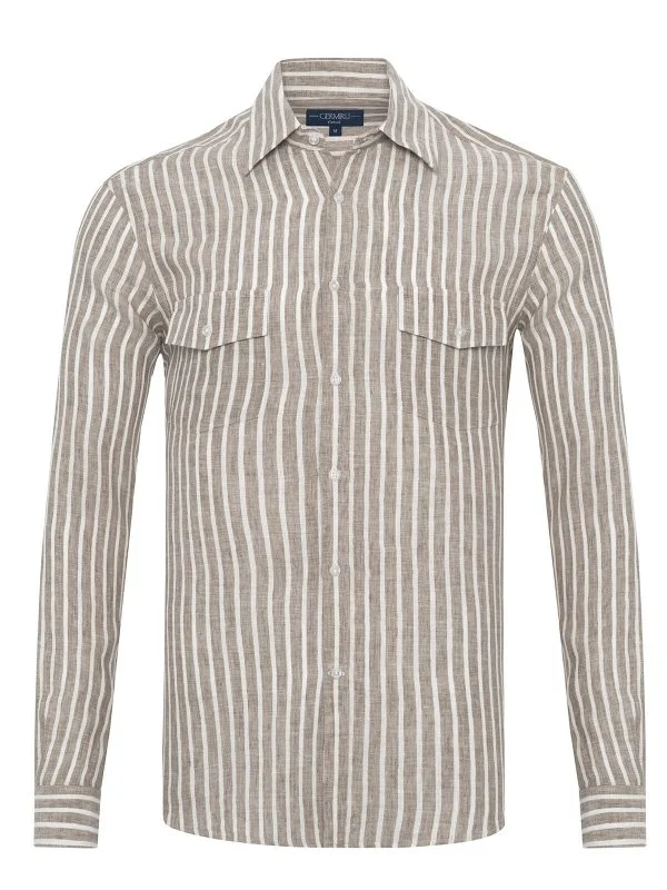 Germirli Soft Collar Double Flap Pocket Tailor Fit Khaki White Striped Pure Linen Shirt - 1