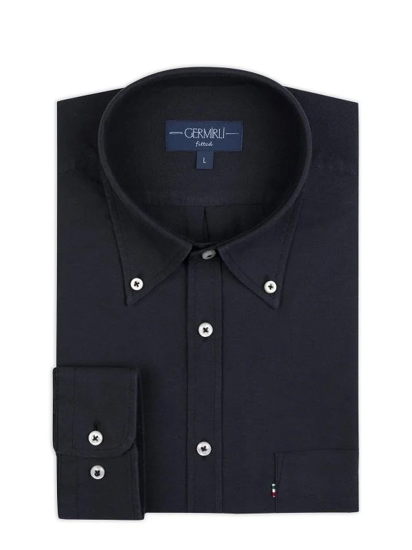 Germirli Sport Oxford Button Collar Black Single Pocket Cotton Shirt - 2