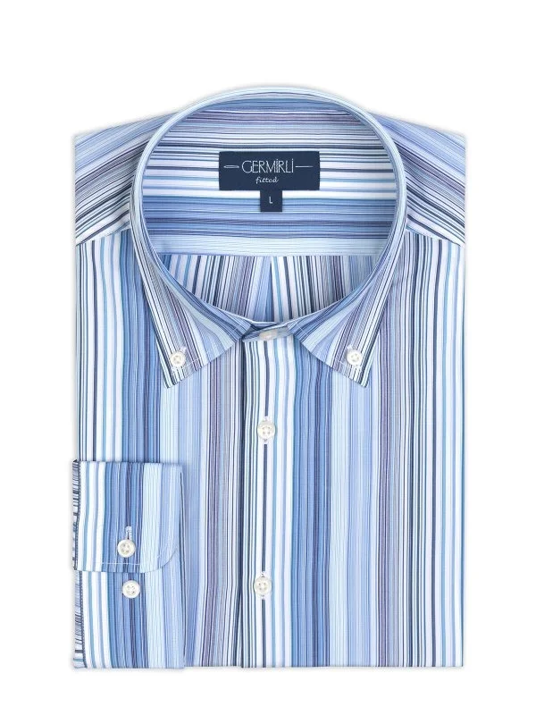 Germirli Thomas Mason Button-down Collar Blue Navy White Striped Tailor Fit Cotton Shirt - 2