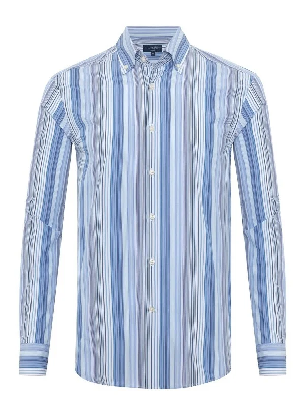 Germirli Thomas Mason Button-down Collar Blue Navy White Striped Tailor Fit Cotton Shirt - 1