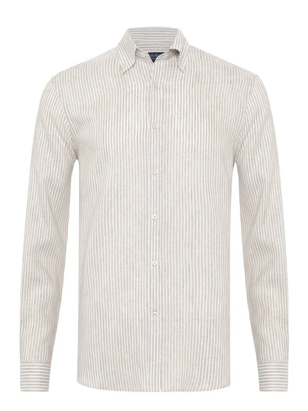 Germirli Thomas Mason Natural White Striped Button-Down Collar Tailor Fit Linen Shirt - 1