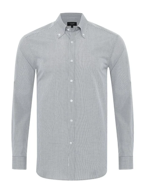 Germirli White Black Mini Plaid Tailor Fit Relaxed Fit Button Down Collar Pure Cotton Exclusive Shirt - 4