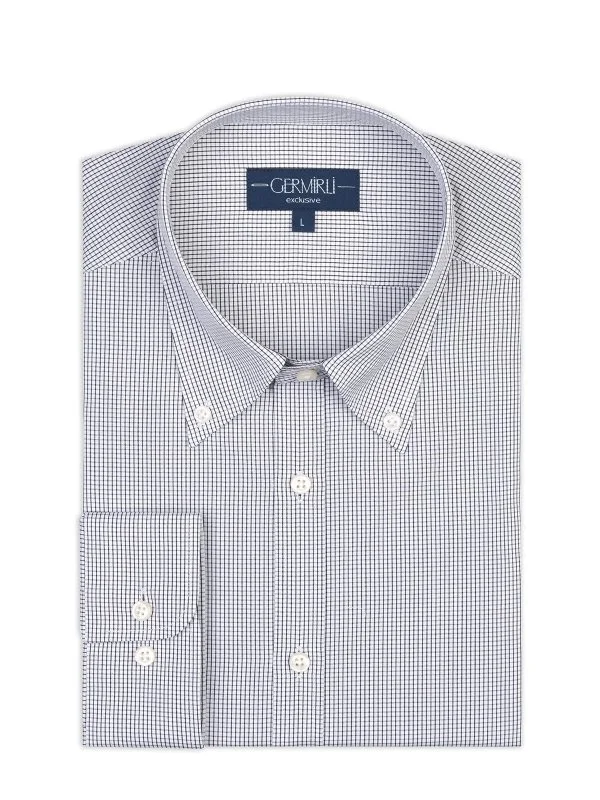 Germirli White Black Mini Plaid Tailor Fit Relaxed Fit Button Down Collar Pure Cotton Exclusive Shirt - 1