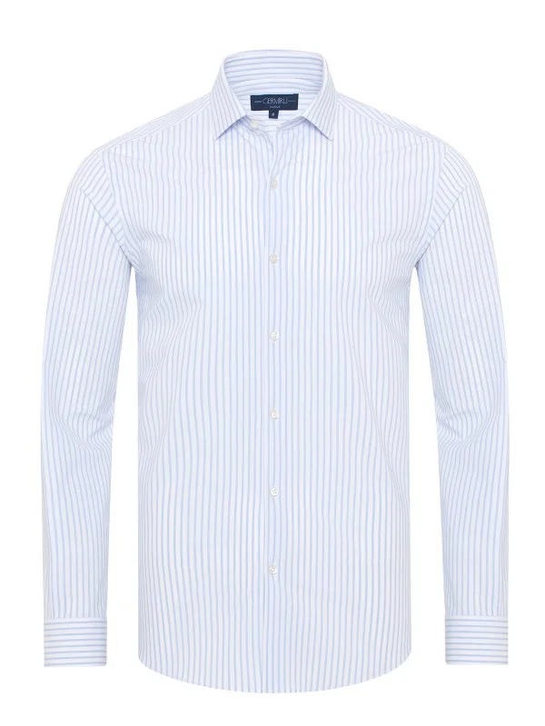 Germirli White Blue Striped 3D Germirli Slim Fit Active Shirt - 1