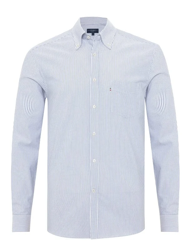 Germirli White Blue Striped Albiate Button-down Collar Pocket Tailor Fit Oxford Sport Shirt - 1