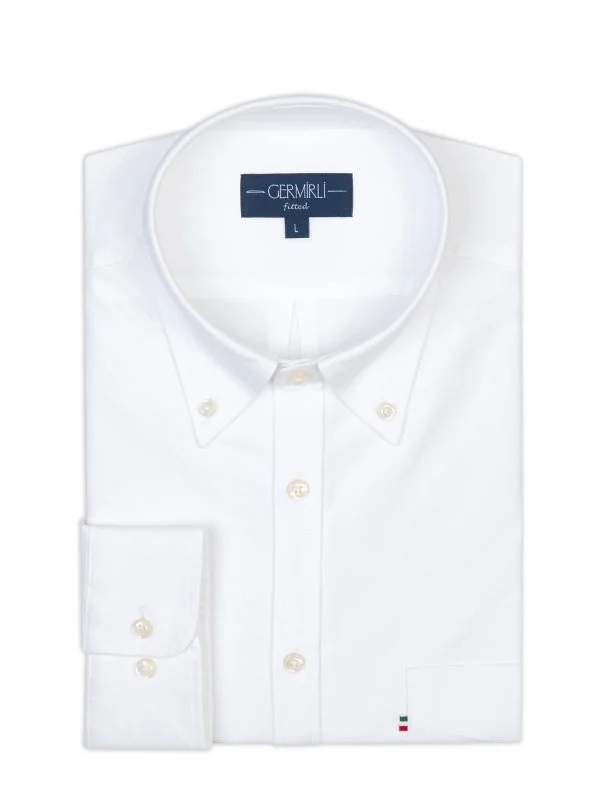 Germirli White Button-Down Collar Pocket Tailor Fit Oxford Men's Sport Shirt - 2