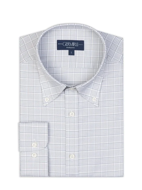 Germirli White Gray Plaid Albini Relax Formula Tailor Fit Pure Cotton Exclusive Shirt - 2