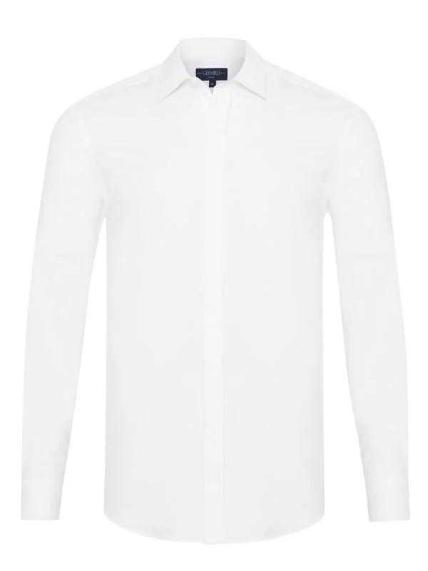 Germirli White Hidden Placket Soft Collar Tailor Fit Diagonal Pattern Cotton Shirt - 1