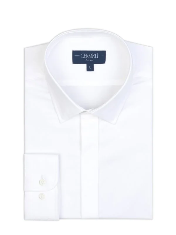 Germirli White Hidden Placket Soft Collar Tailor Fit Diagonal Pattern Cotton Shirt - 2