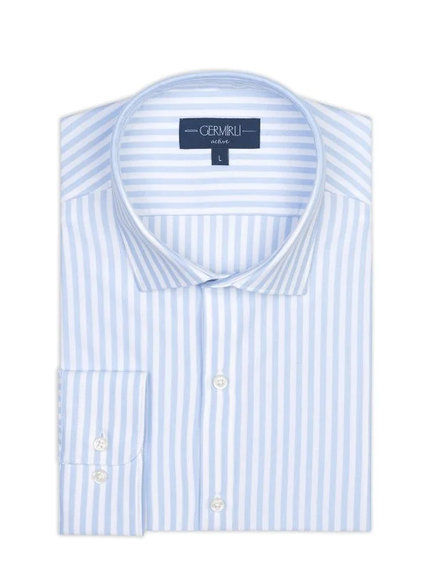 Germirli White Light Blue Striped 3D Germirli Slim Fit Active Cotton Shirt - 2