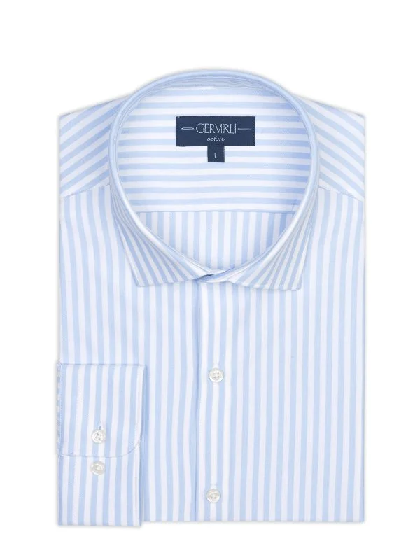 Germirli White Light Blue Striped 3D Germirli Slim Fit Active Cotton Shirt - 2