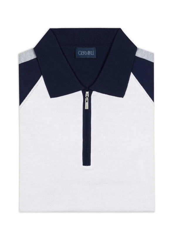 Germirli White Navy Blue Zippered Polo Collar Cotton Regular Fit Sweater - 3