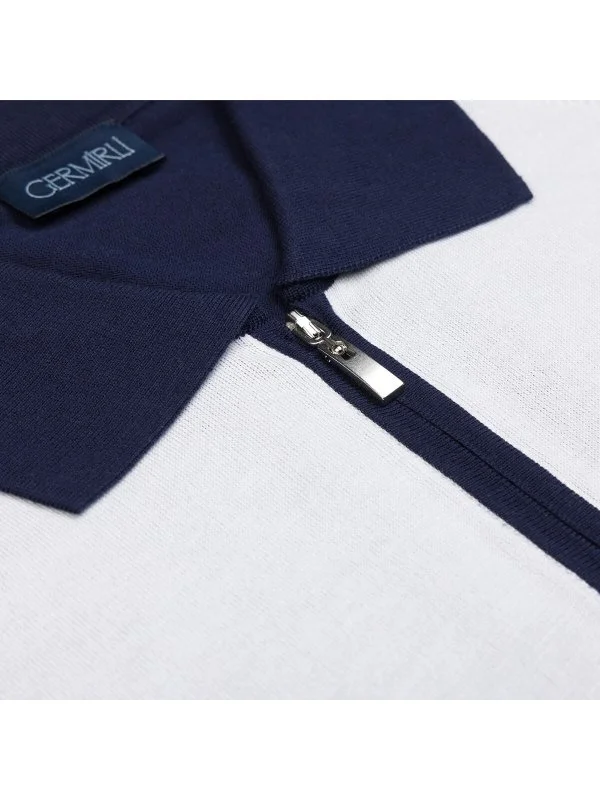 Germirli White Navy Blue Zippered Polo Collar Cotton Regular Fit Sweater - 2