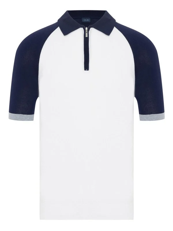Germirli White Navy Blue Zippered Polo Collar Cotton Regular Fit Sweater - 1