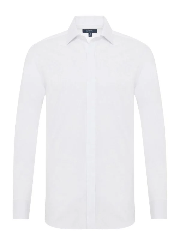 Germirli White Poplin Textured Classic Collar Tailor Fit Hidden Placket Cotton Elastane Shirt - 1