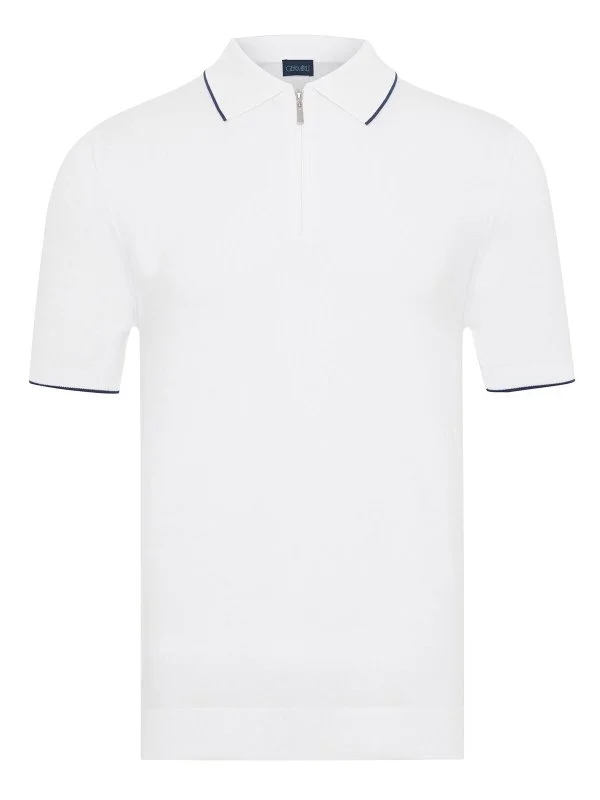 Germirli White Zippered Polo Collar Cotton Regular Fit Sweater - 1