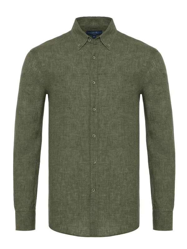 Green Button-Down Collar Tailor Fit Delave Linen Shirt with Germirli - 1