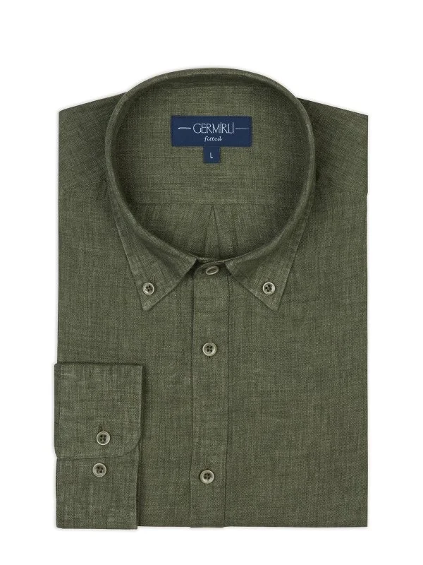 Green Button-Down Collar Tailor Fit Delave Linen Shirt with Germirli - 2
