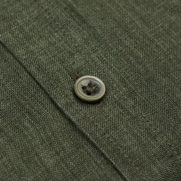 Green Button-Down Collar Tailor Fit Delave Linen Shirt with Germirli - 3