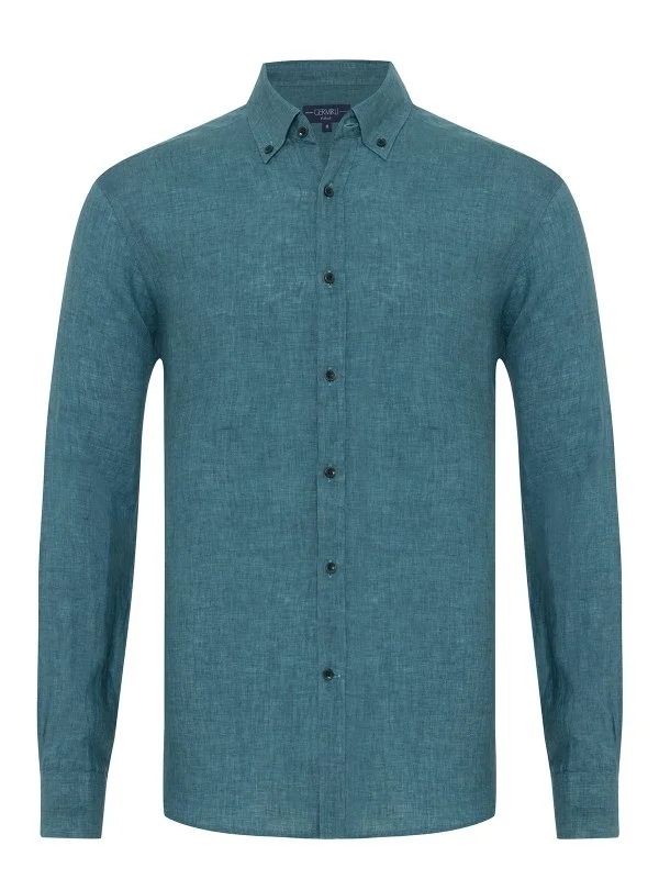 Green Delave Linen Button-down Collar Tailor Fit Shirt with Germirli - 1
