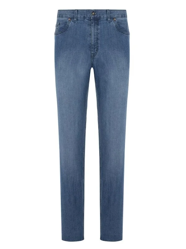 Hiltl Light Blue Washed Cotton Elastane 5 Pocket Regular Fit Denim Men's Trousers - 1