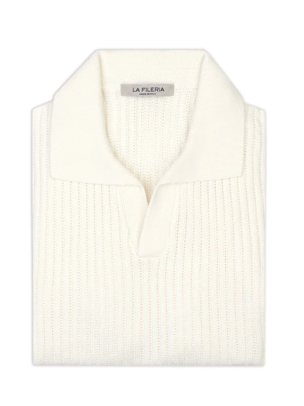 La Fileria Ecru Polo Neck Regular Fit Crochet Knitted Cotton Knitwear - 3