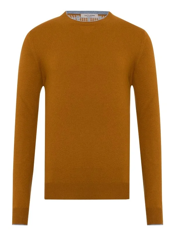 La Fileria Mustard Color Crew Neck Veiled Wool Cashmere Sweater - 1