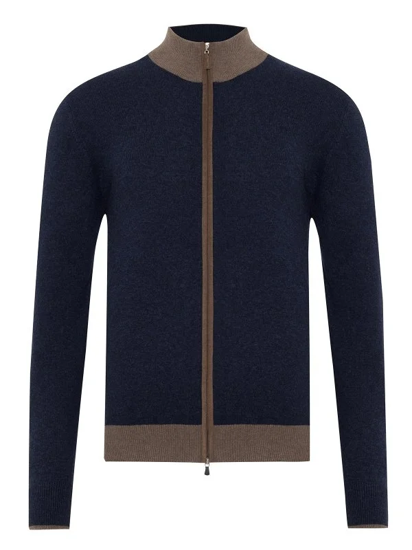 La Fileria Navy Blue Wool Cashmere Suede Zippered Cardigan Sweater - 1