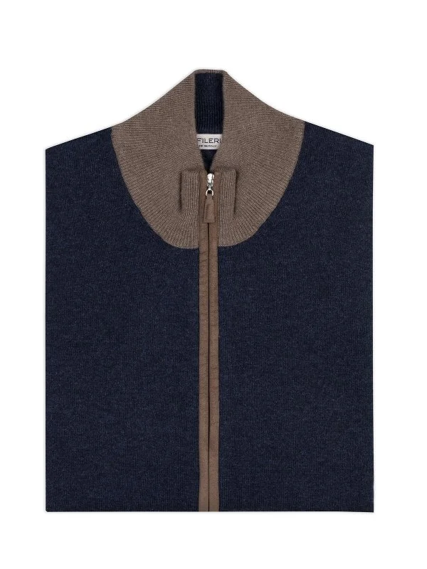 La Fileria Navy Blue Wool Cashmere Suede Zippered Cardigan Sweater - 2