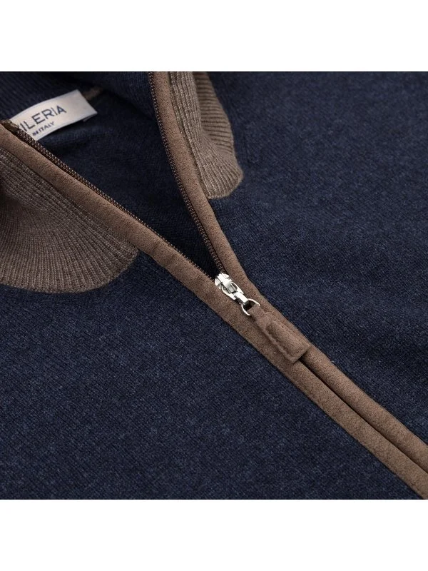 La Fileria Navy Blue Wool Cashmere Suede Zippered Cardigan Sweater - 3