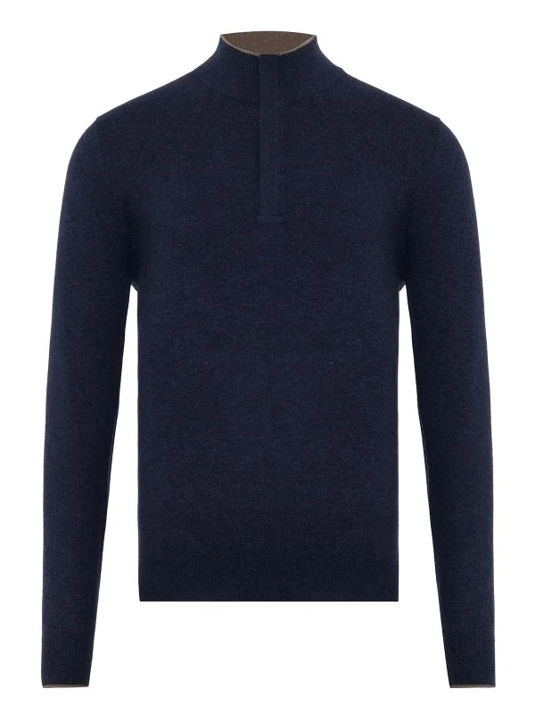 La Fileria Navy Blue Wool Cashmere Suede Zippered Sweater - 1