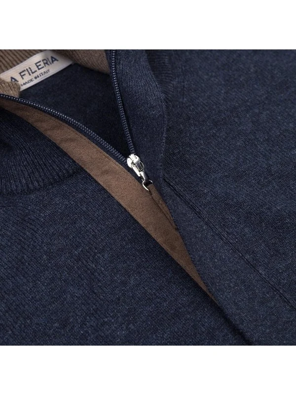 La Fileria Navy Blue Wool Cashmere Suede Zippered Sweater - 3
