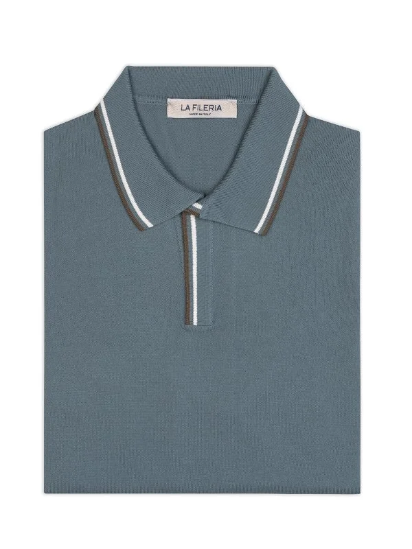 La Fileria Ocean Blue Polo Collar Cotton Regular Fit Sweater - 2