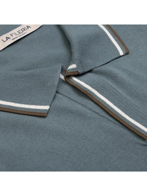 La Fileria Ocean Blue Polo Collar Cotton Regular Fit Sweater - 3