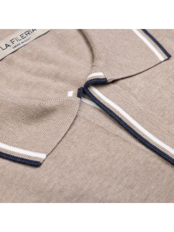 La Fileria Sand Beige Polo Neck Cotton Regular Fit Knitwear - 3