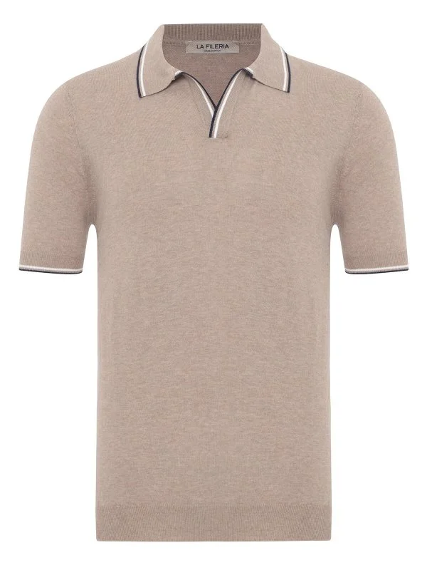 La Fileria Sand Beige Polo Neck Cotton Regular Fit Knitwear - 1