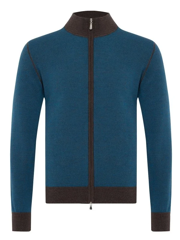 La Fileria Turquoise Brown Zippered Wool Men's Cardigan Knitwear - 1