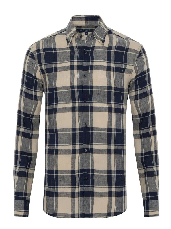 Germirli Navy Blue Plaid Patterned Linen Men's Button-Down Collar Shirt - 1