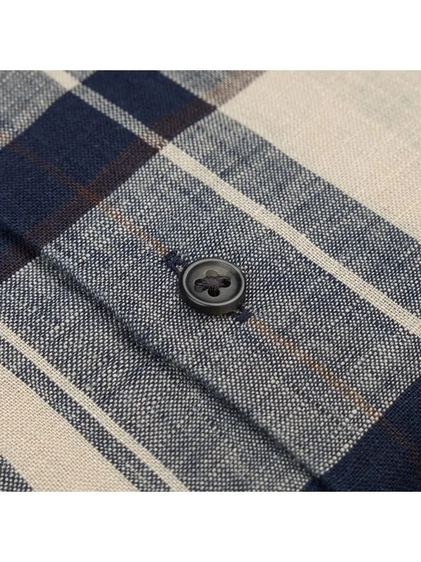 Germirli Navy Blue Plaid Patterned Linen Men's Button-Down Collar Shirt - 3