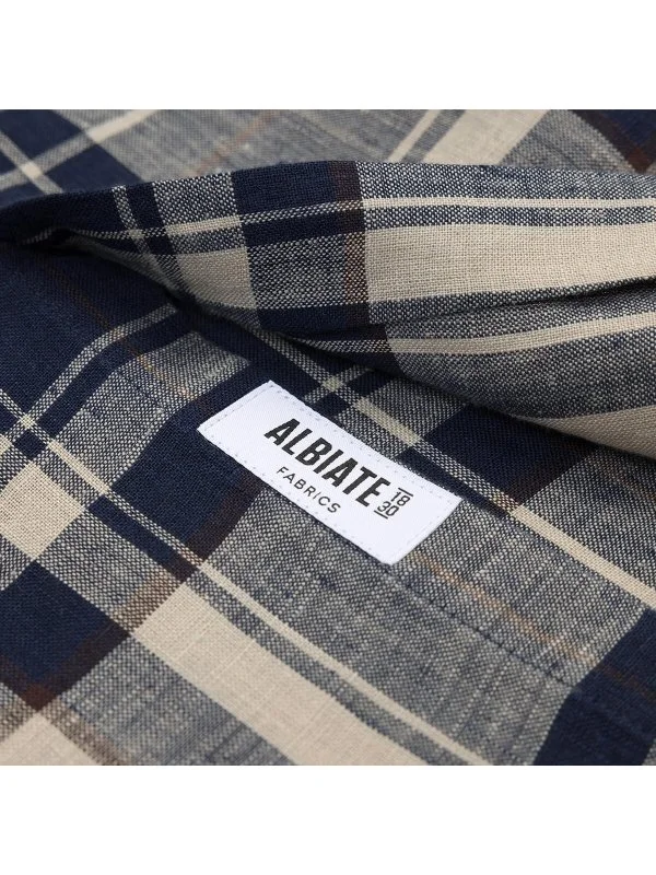 Germirli Navy Blue Plaid Patterned Linen Men's Button-Down Collar Shirt - 4