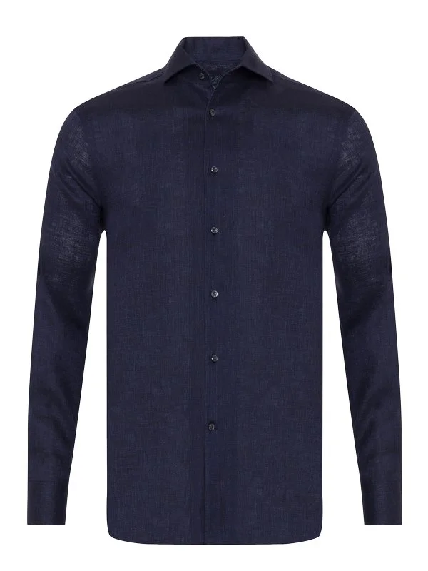 Germirli Navy Blue Thomas Mason Non Iron Lapel Collar Tailor Fit Linen Shirt - 2