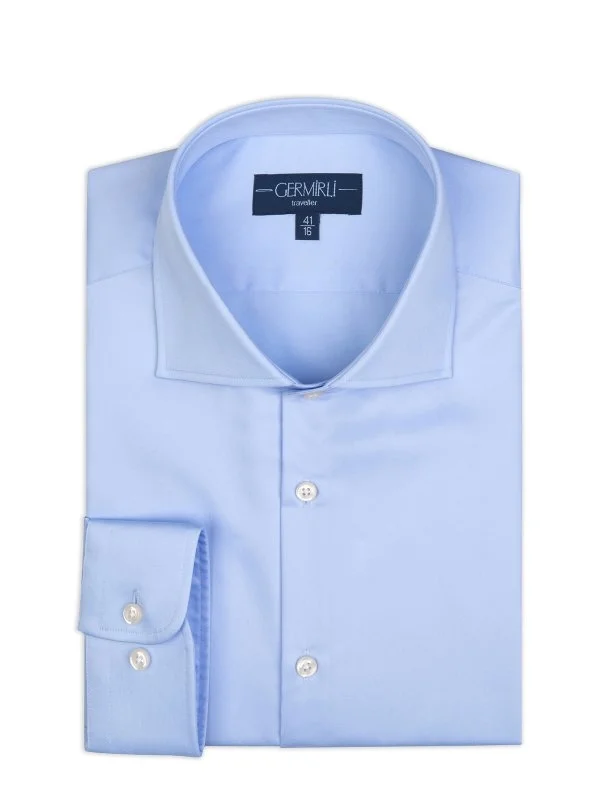 Germirli Non Iron Blue Satin Tailor Fit Italian Collar Shirt - 2