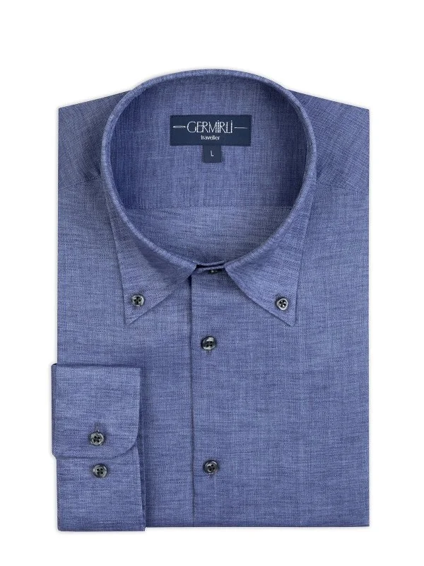 Non Iron Journey Aviator Blue Button-down Collar Tailor Fit Linen Shirt with Germirli - 2