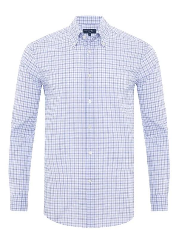 Non Iron Journey Blue Plaid Button-down Collar Tailor Fit Cotton Shirt with Germirli - 1